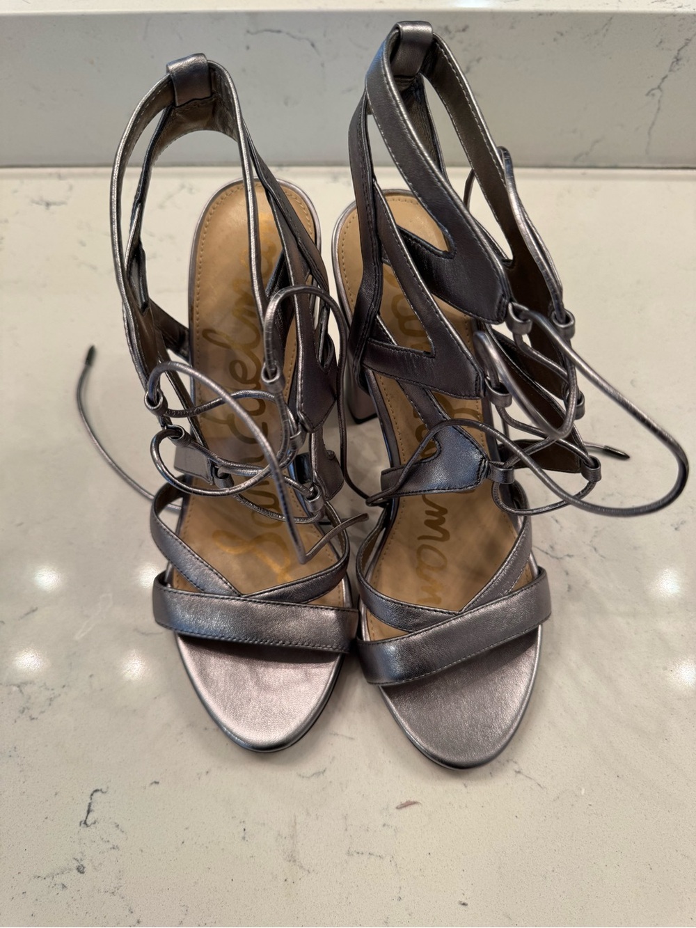 Sam Edelman Metallic Silver Lace-Up Strappy Heels
